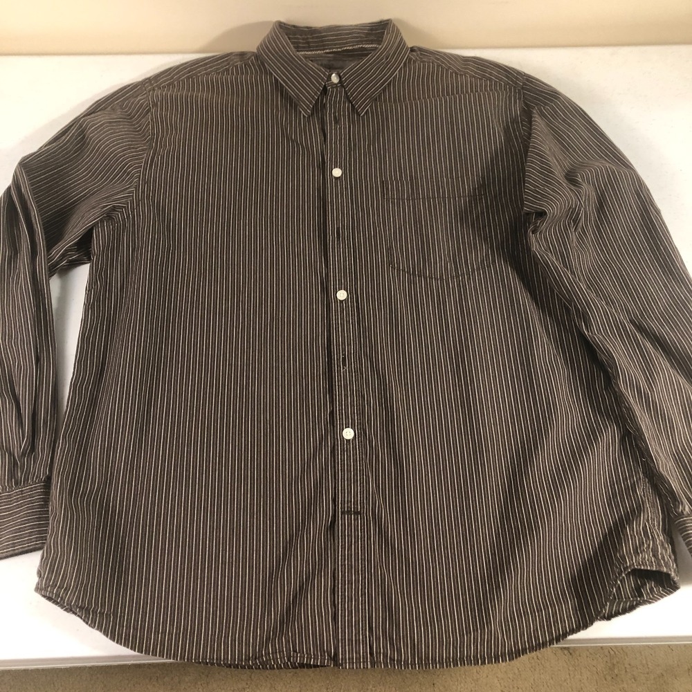 Old Navy‎ Mens Brown Shirt XL White Stripe Button Up Business Casual 100% Cotton